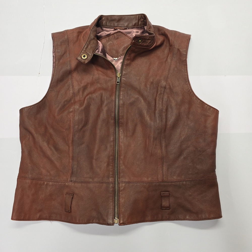 Cabi Womens Brown Genuine Leather Full Zip Moto‎ Biker Vest Style 132 Medium